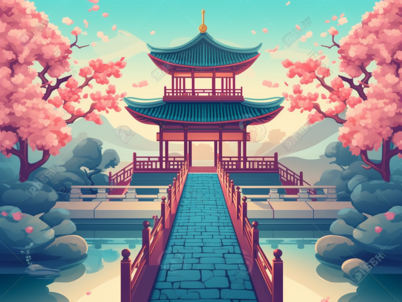 国风西湖景色柳树粉色的桃花梅花盛开古桥古风建筑凉亭远处的山峰背景插画,插画/手绘图,插画/手绘图库,插画/手绘图下载,插画/手绘